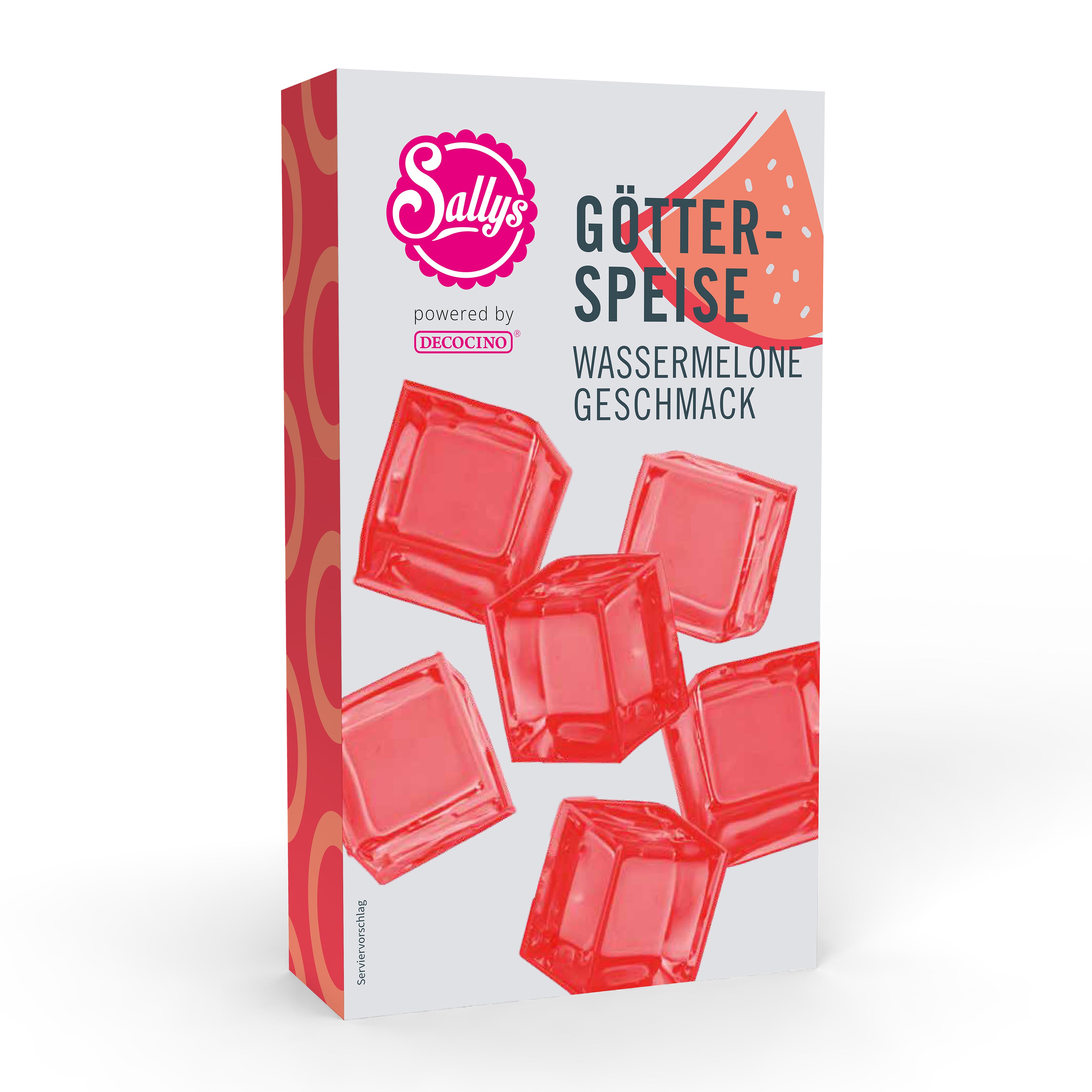 Sallys Götterspeise Wassermelone-Geschmack mit roten Jelly-Würfeln in moderner Verpackung, powered by Decocino