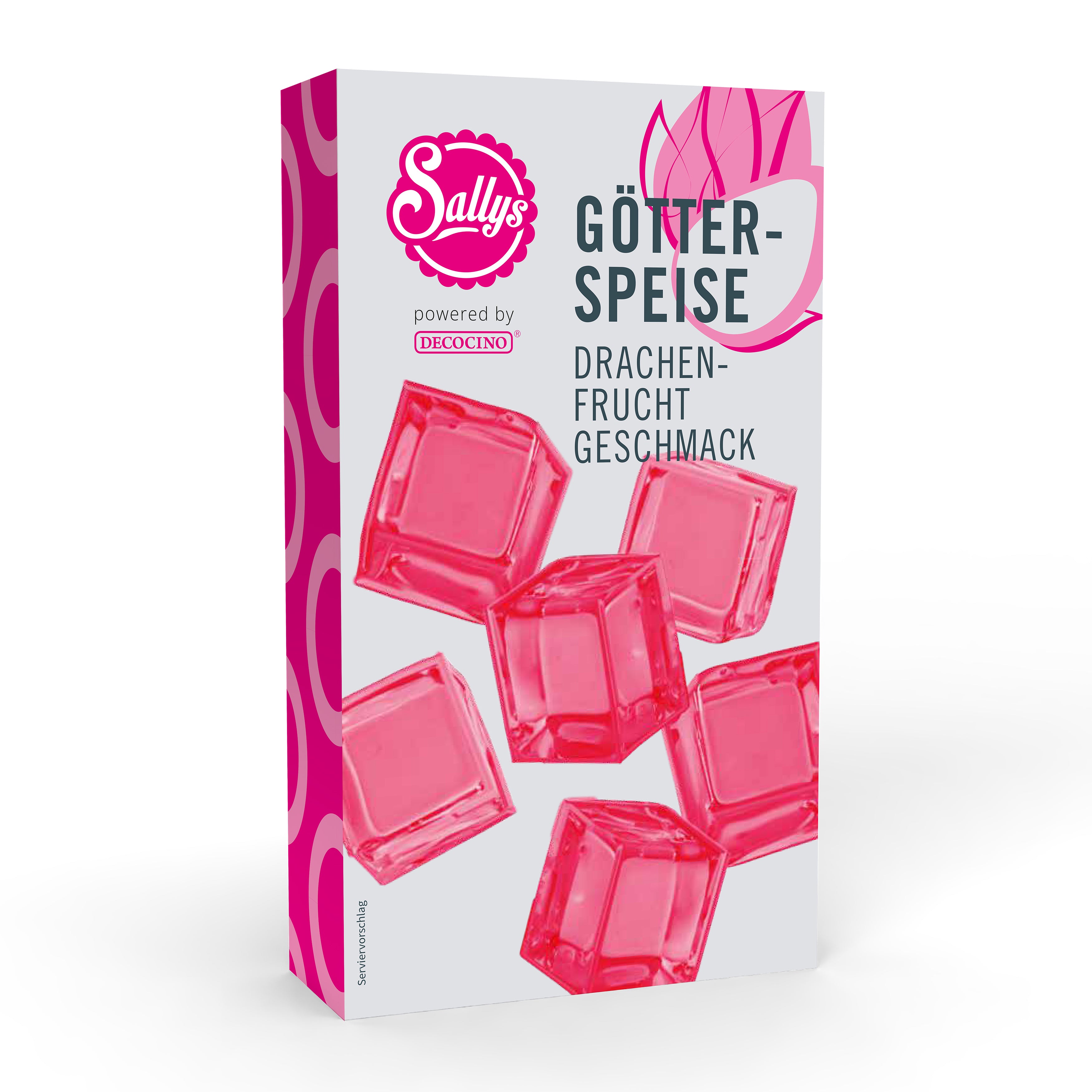 Sallys Götterspeise Drachenfrucht – pinke Wackelpudding-Würfel in moderner Verpackung, powered by Decocino