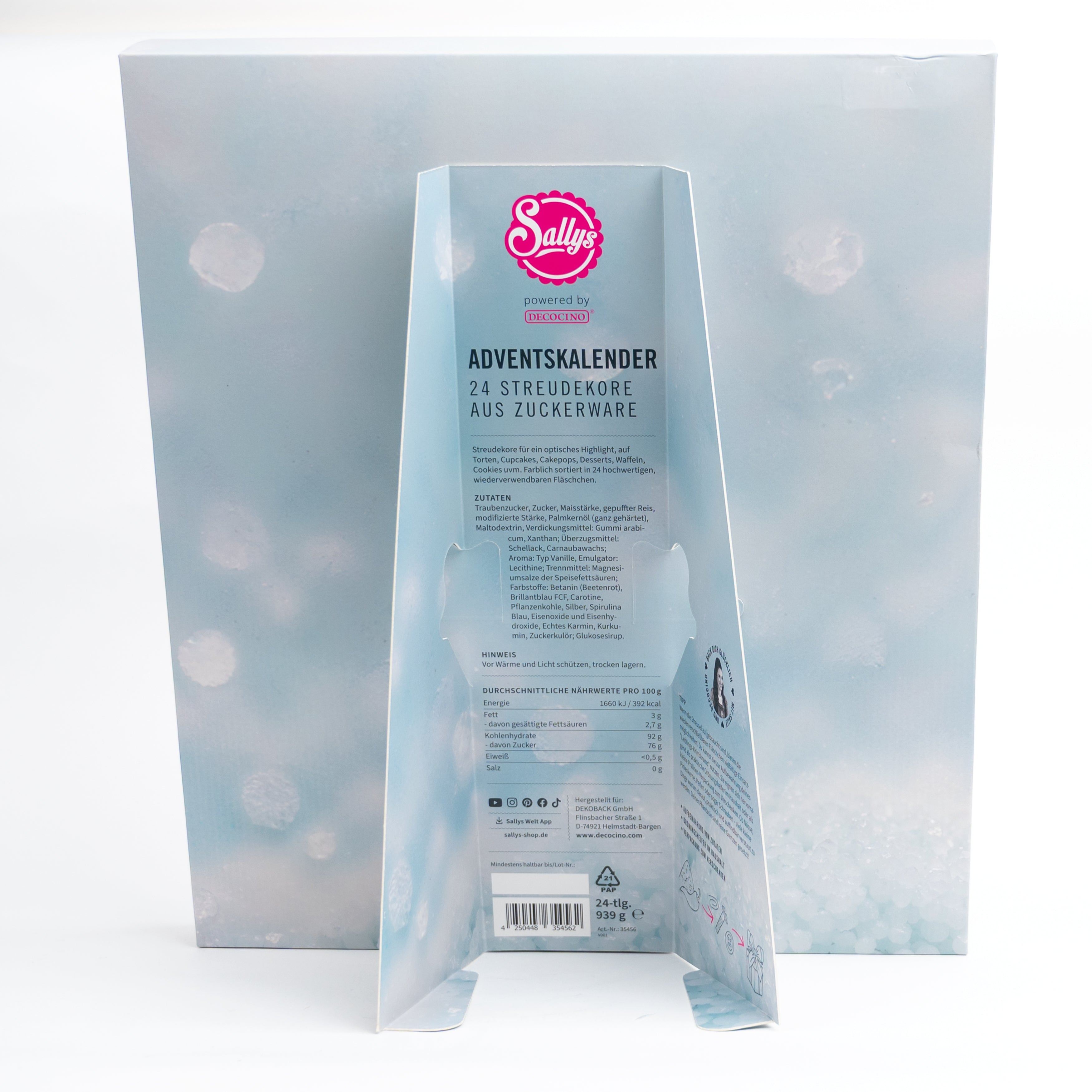 Sallys Adventskalender – Rückseite mit Produktbeschreibung, Zutatenliste und Nährwertangaben powered by Decocino