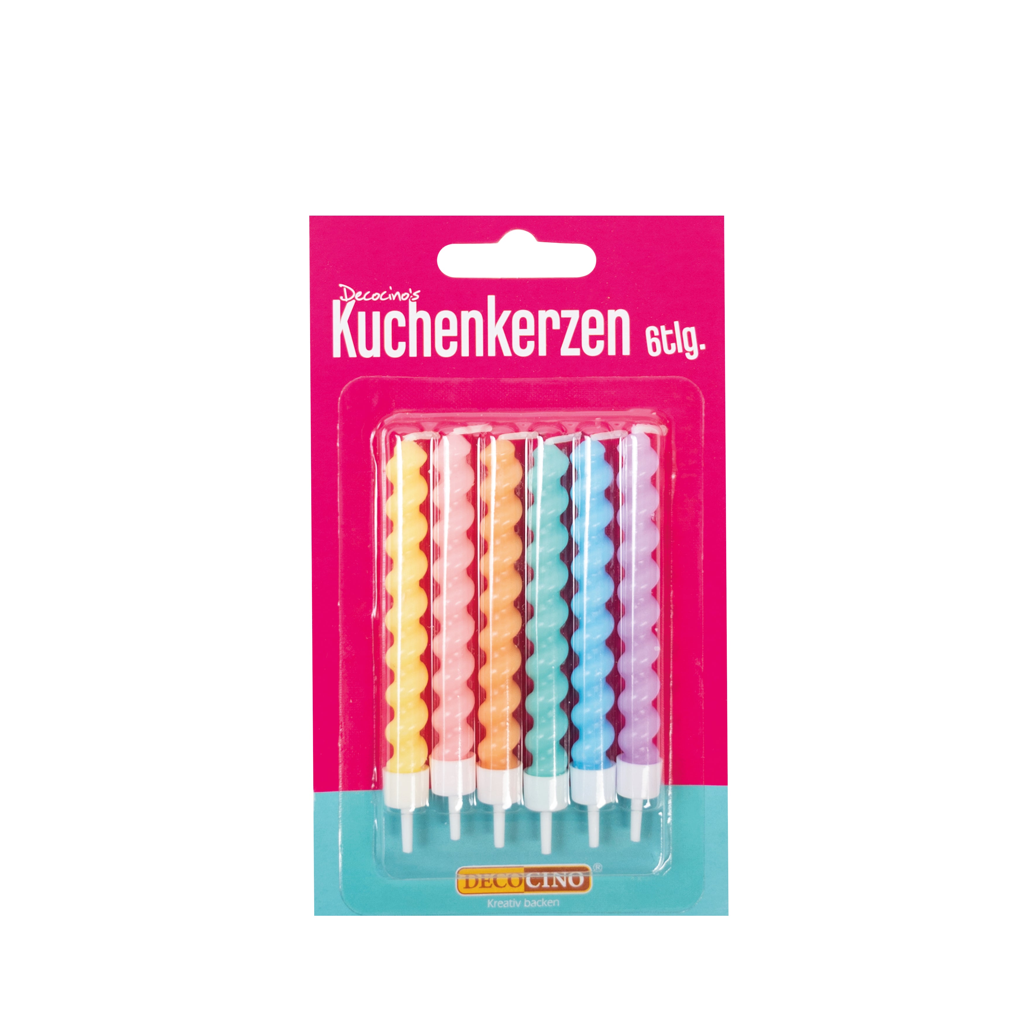 Bunte Spiral-Kuchenkerzen im 6er-Set von Decocino in farbenfroher Verpackung.