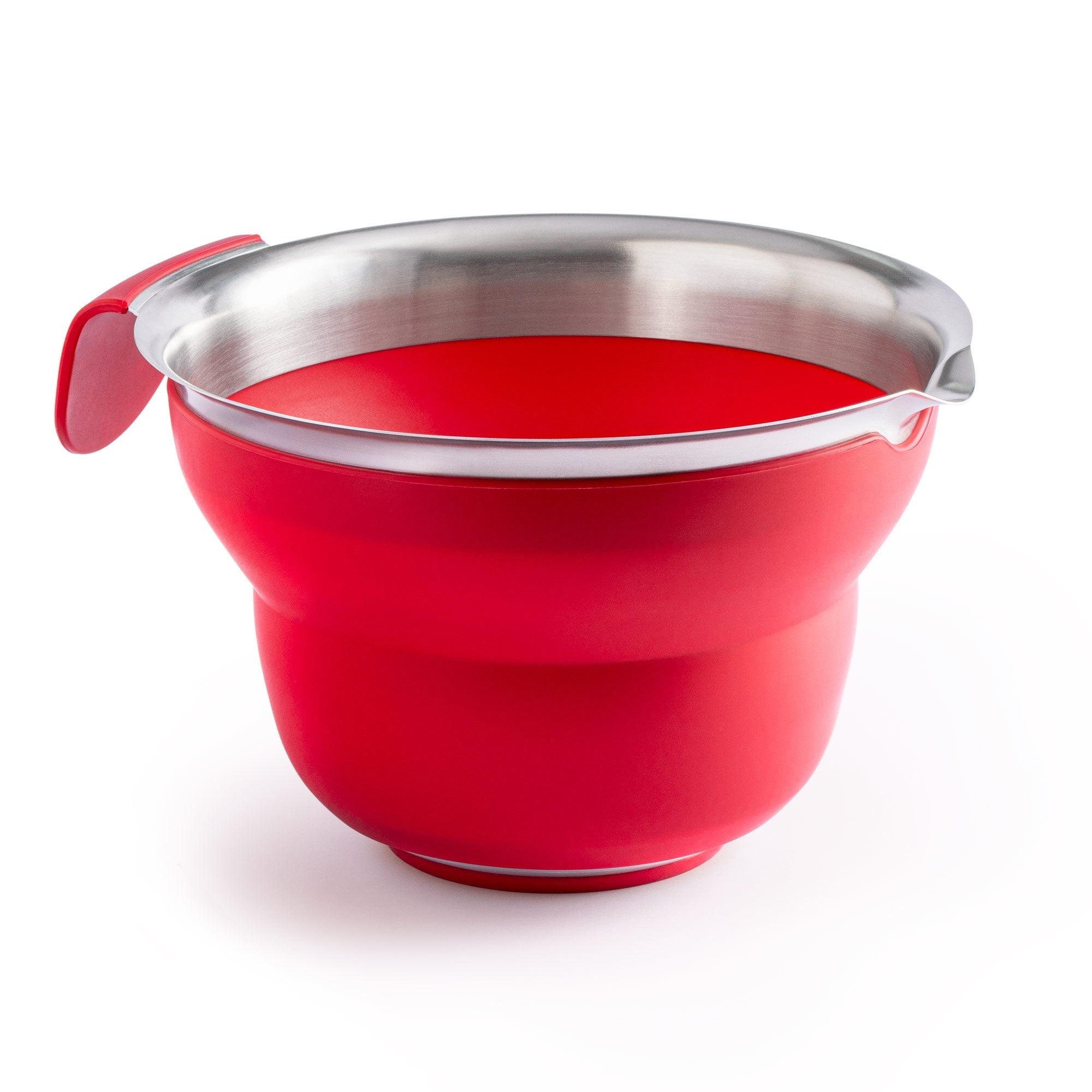 Rote Rührschüssel aus Silikon mit Edelstahlrand und Ausgießer
