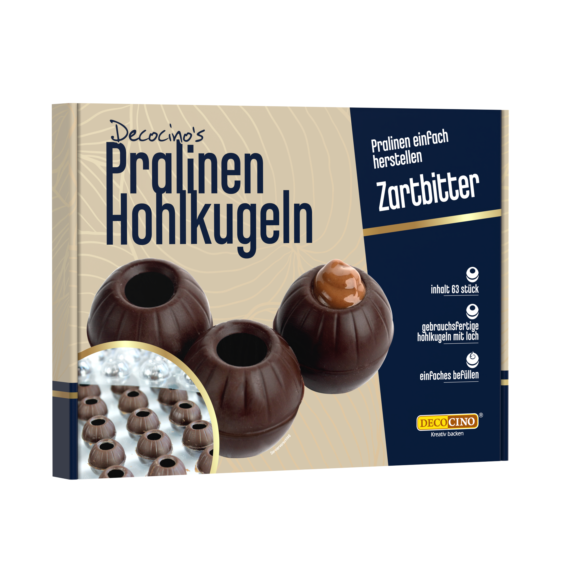 Verpackung von Decocino Pralinen Hohlkugeln aus Zartbitterschokolade zum einfachen Befüllen, Inhalt 63 Stück.