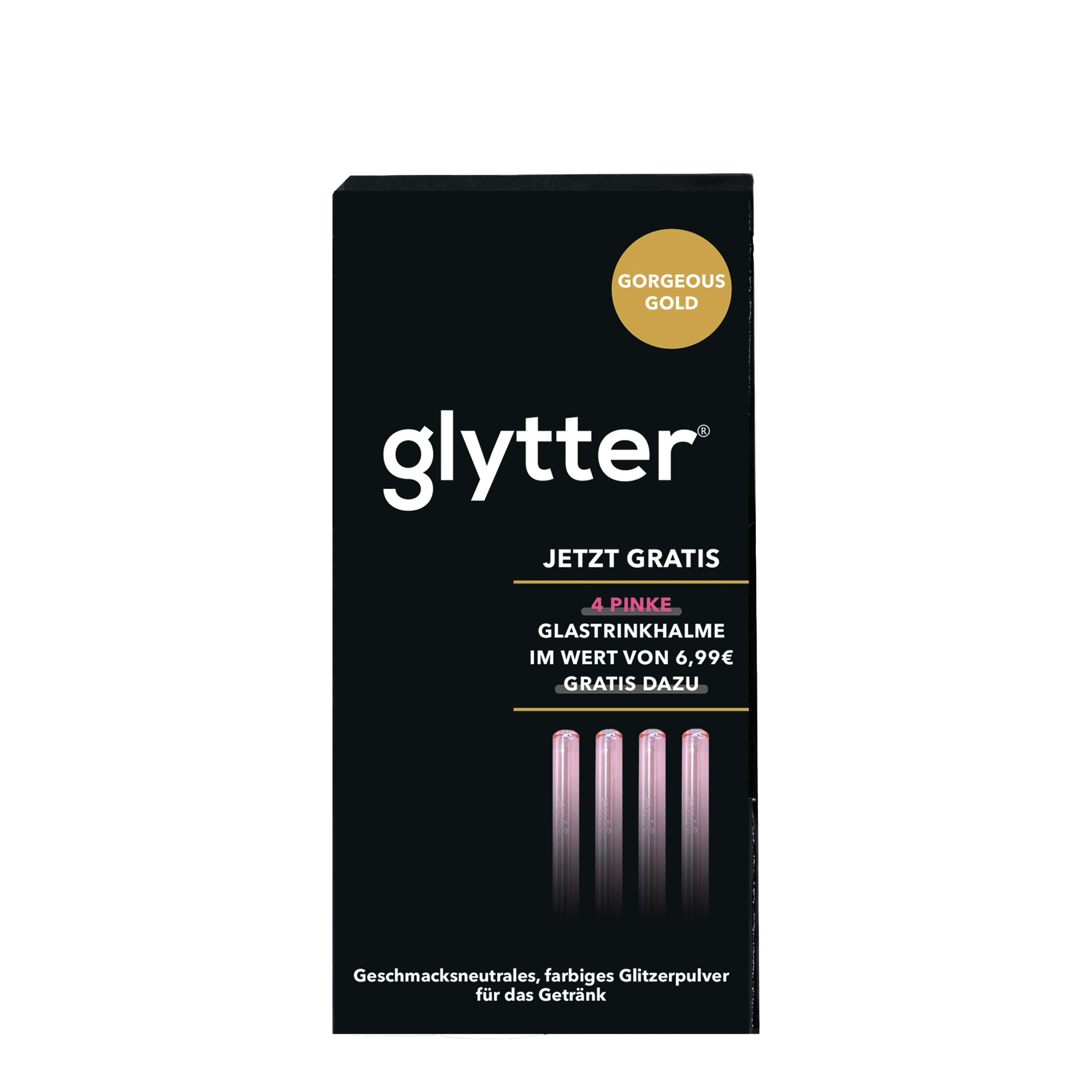 Glytter Gorgeous Gold – Verpackung des Gratis-Sets mit vier pinken Glastrinkhalmen