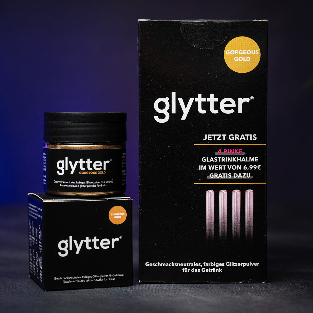 Decocino Glytter Gorgeous Gold – Set aus Glitzerpulver und Geschenkbox mit pinken Glastrinkhalmen