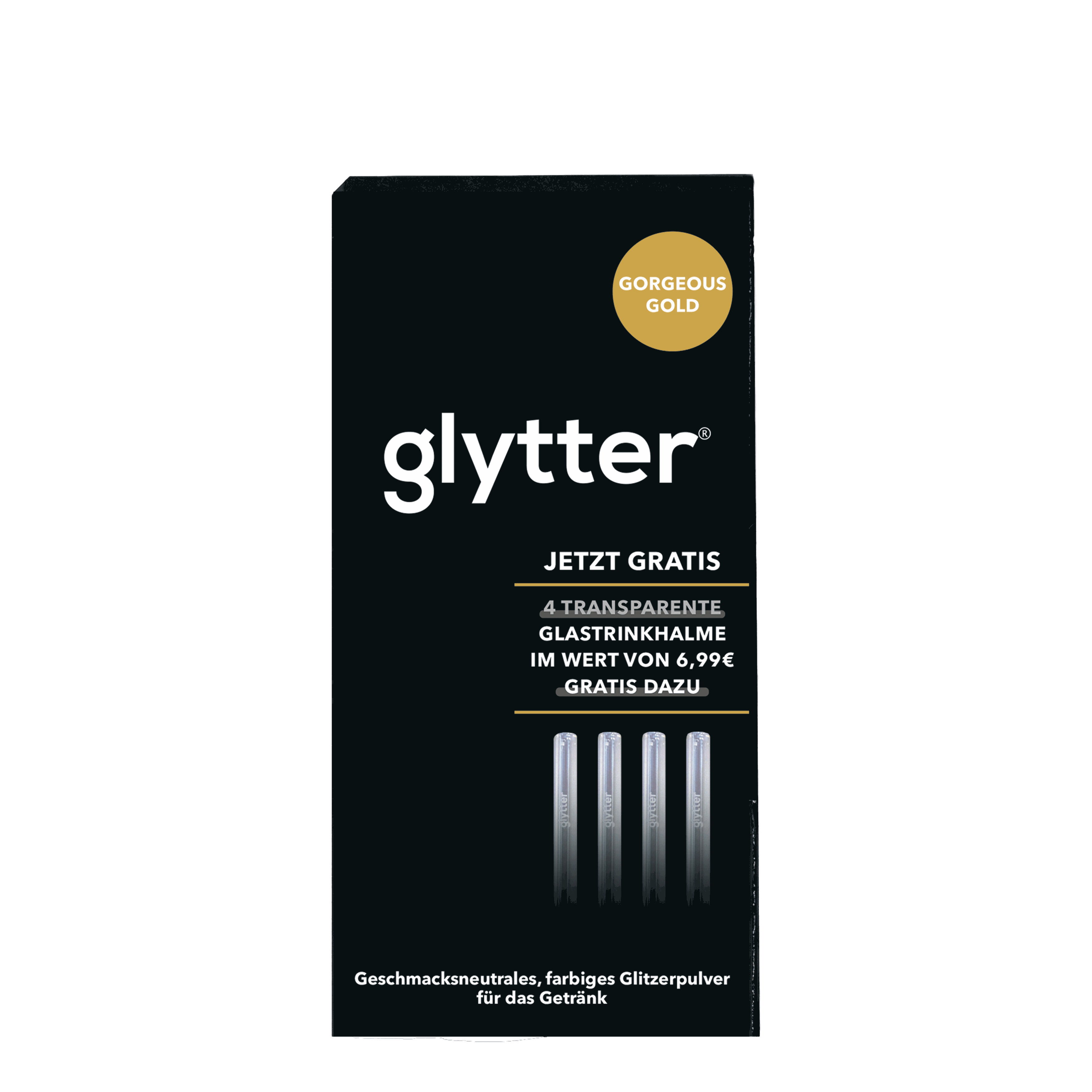 Glytter Gorgeous Gold – Verpackung des Gratis-Sets mit vier transparenten Glastrinkhalmen