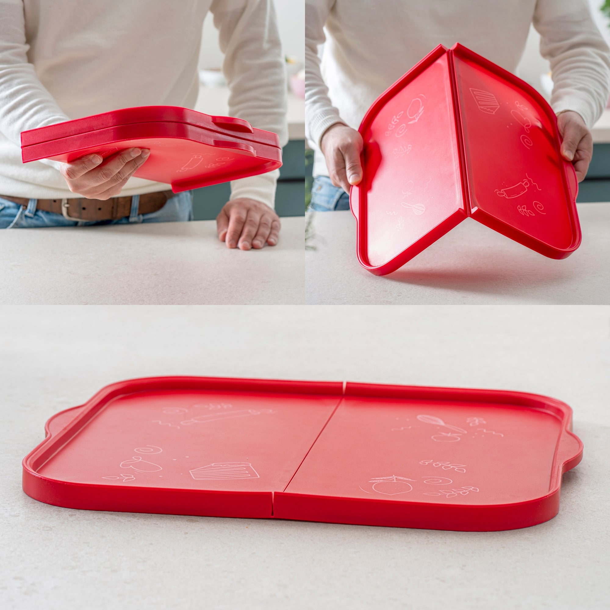 Flexibles, rechteckiges Backblech aus rotem Silikon mit Metallverstärkung. Das Blech misst etwa 43 x 37 cm, hat eine glatte Oberfläche und leicht erhöhten Rand.