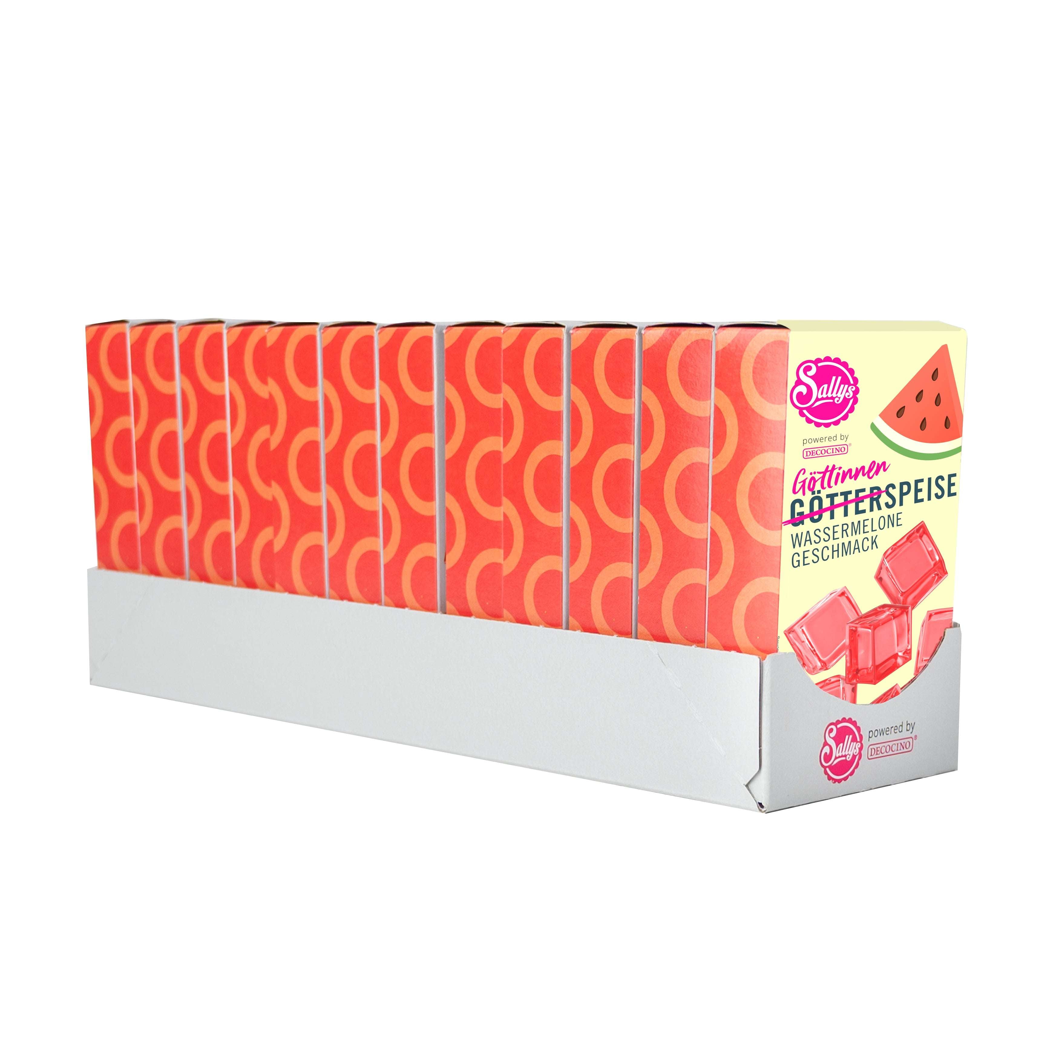 Sallys Götterspeise Wassermelone im weißen 12er-Tray, rote Verpackungen in Reihe, powerd by Decocino