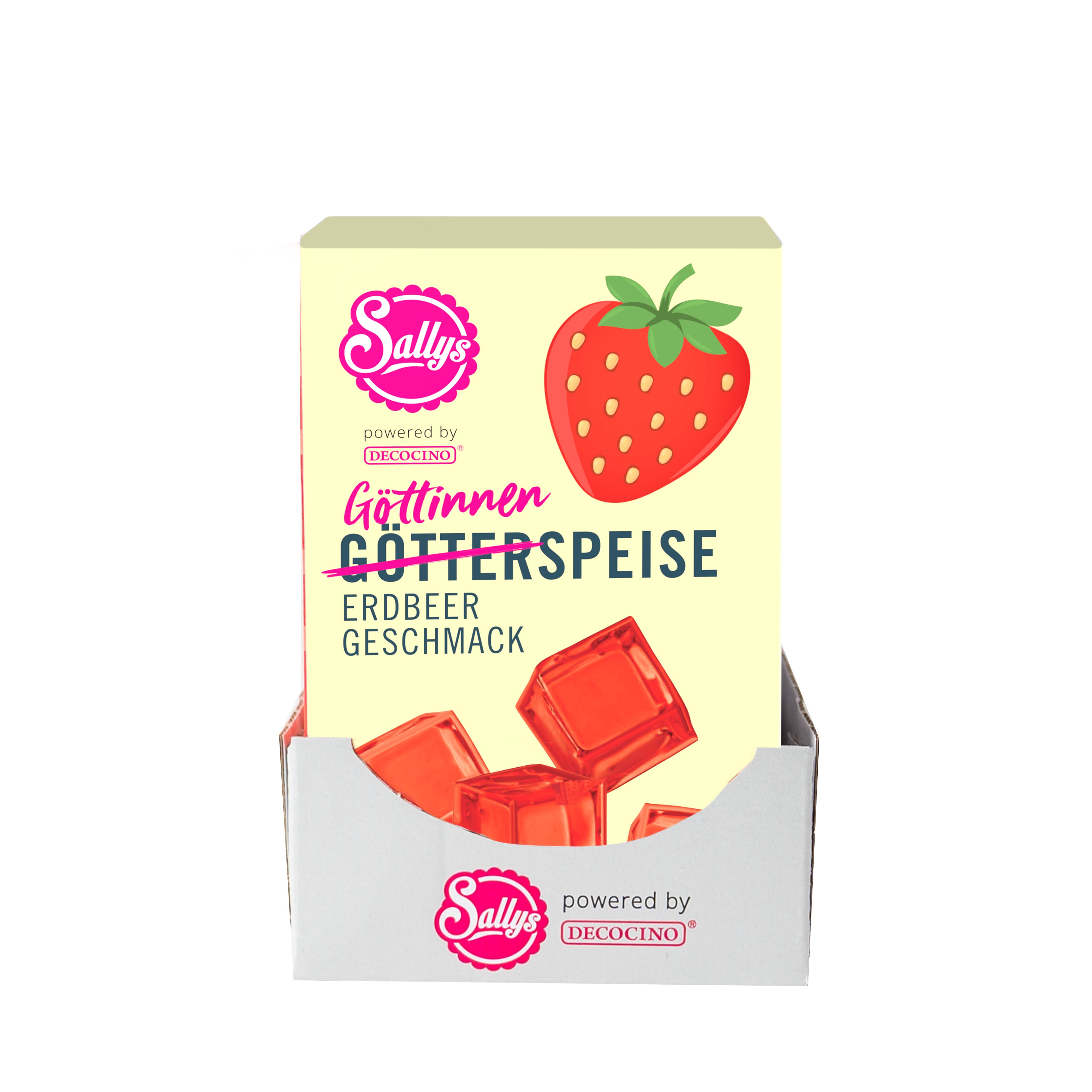 Sallys Götterspeise Erdbeer Geschmack im 12er Pack, rote Verpackungen in einer Reihe, powerd by Decocino, frontale Ansicht