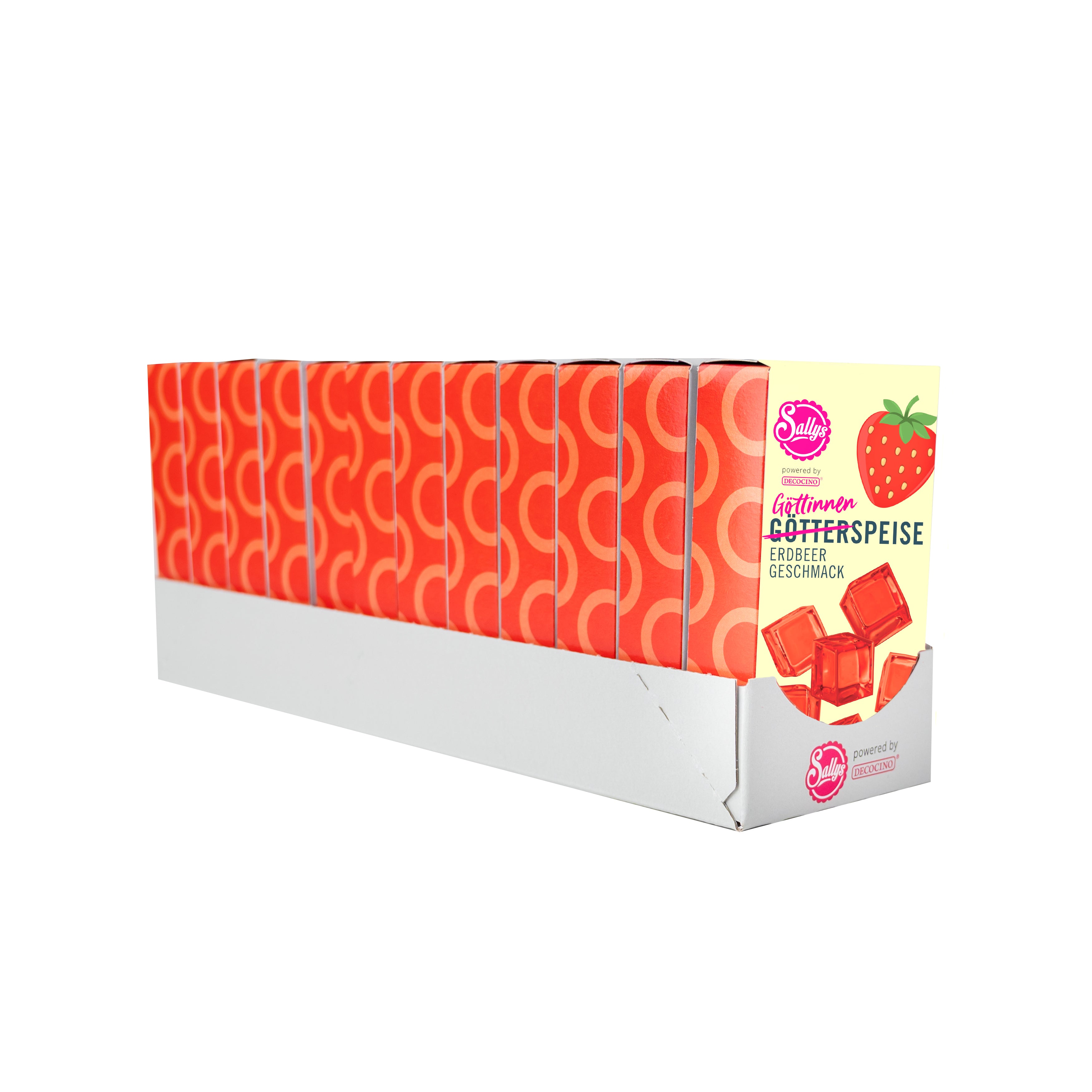 Sallys Götterspeise Erdbeer Geschmack im 12er Pack, rote Verpackungen in einer Reihe, powerd by Decocino.