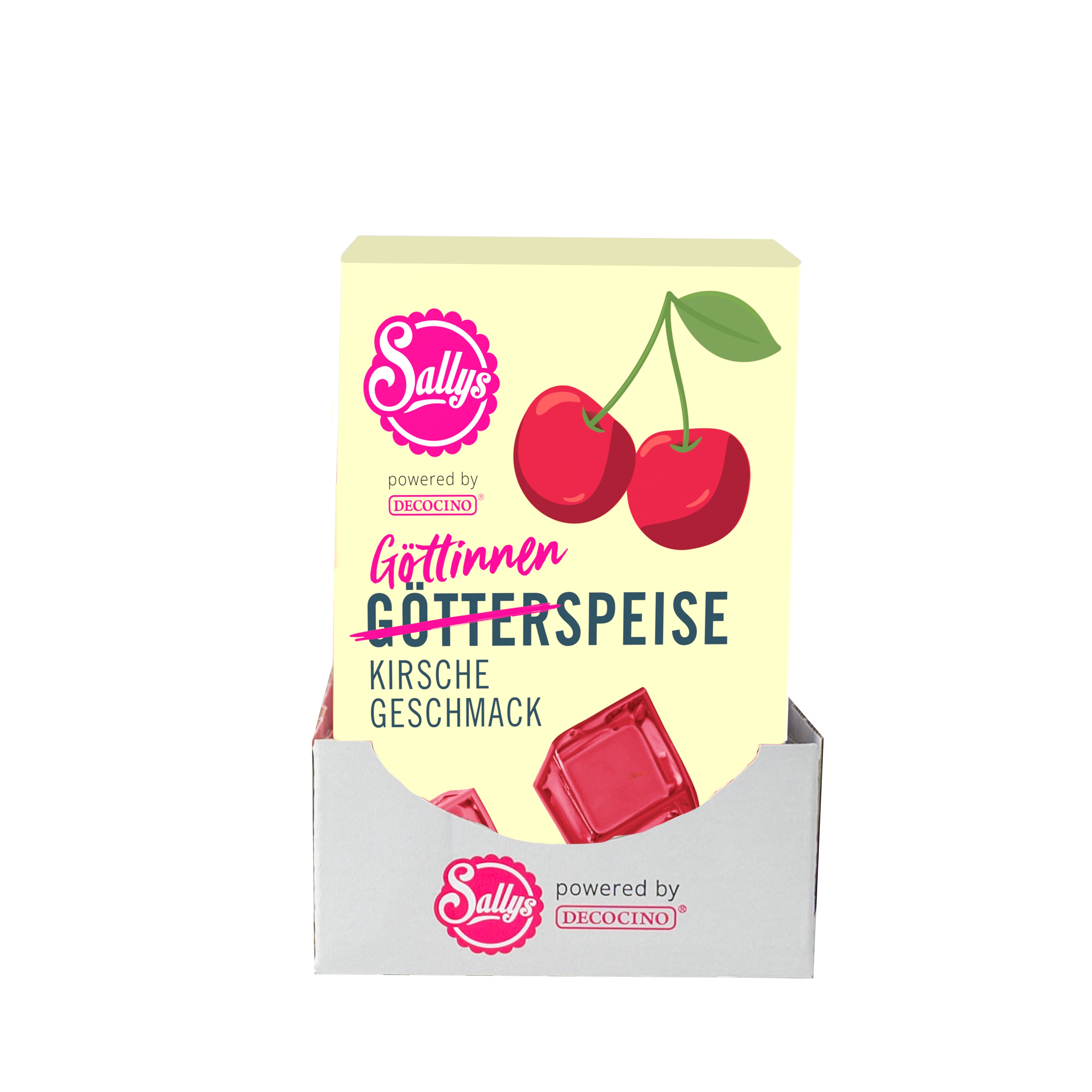 Sallys Götterspeise im Kirschgeschmack im 12er Pack, 12 rote Verpackungen in Reihe, powerd by Decocino, frontale Ansicht