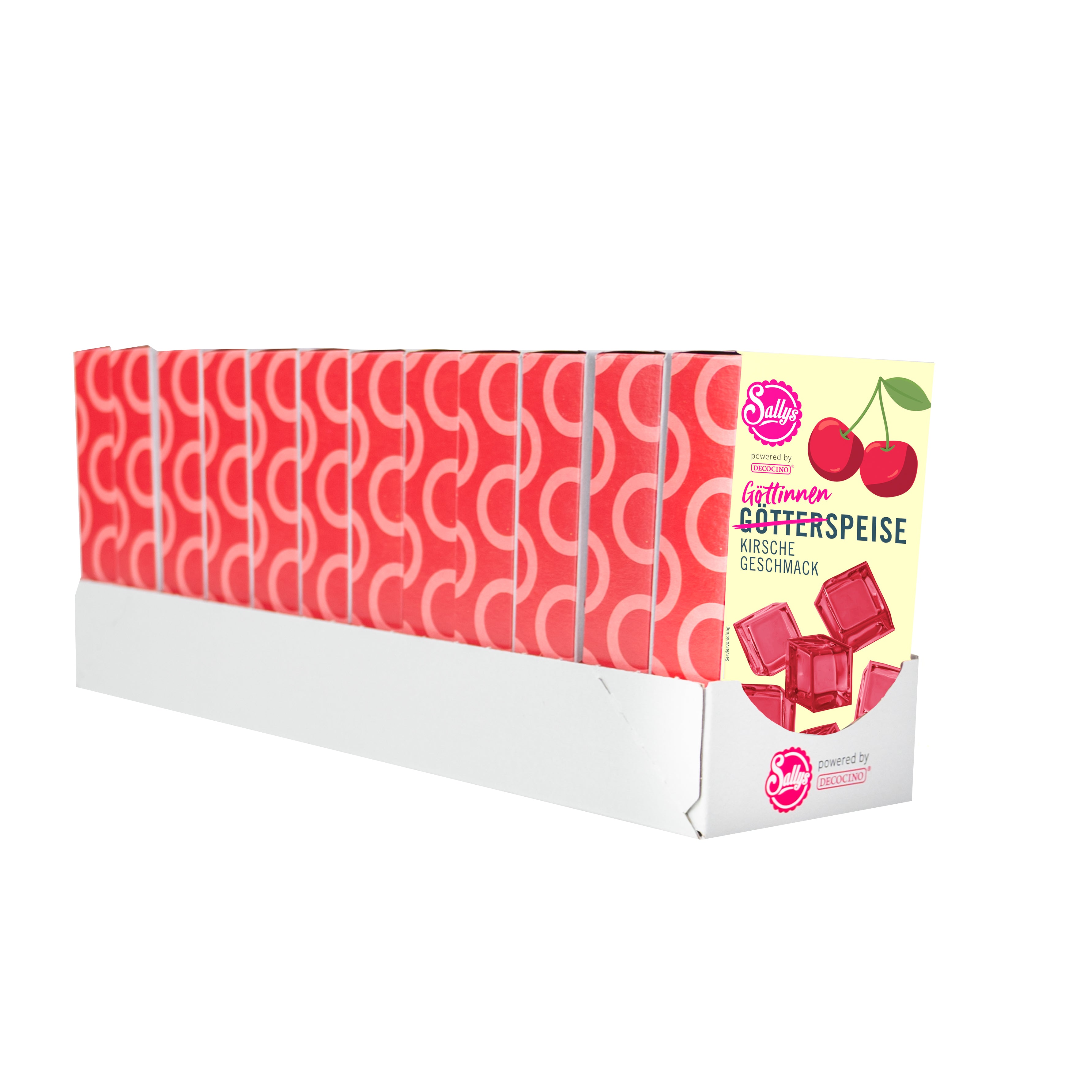 Sallys Götterspeise im Kirschgeschmack im 12er Pack, 12 rote Verpackungen in Reihe, powerd by Decocino