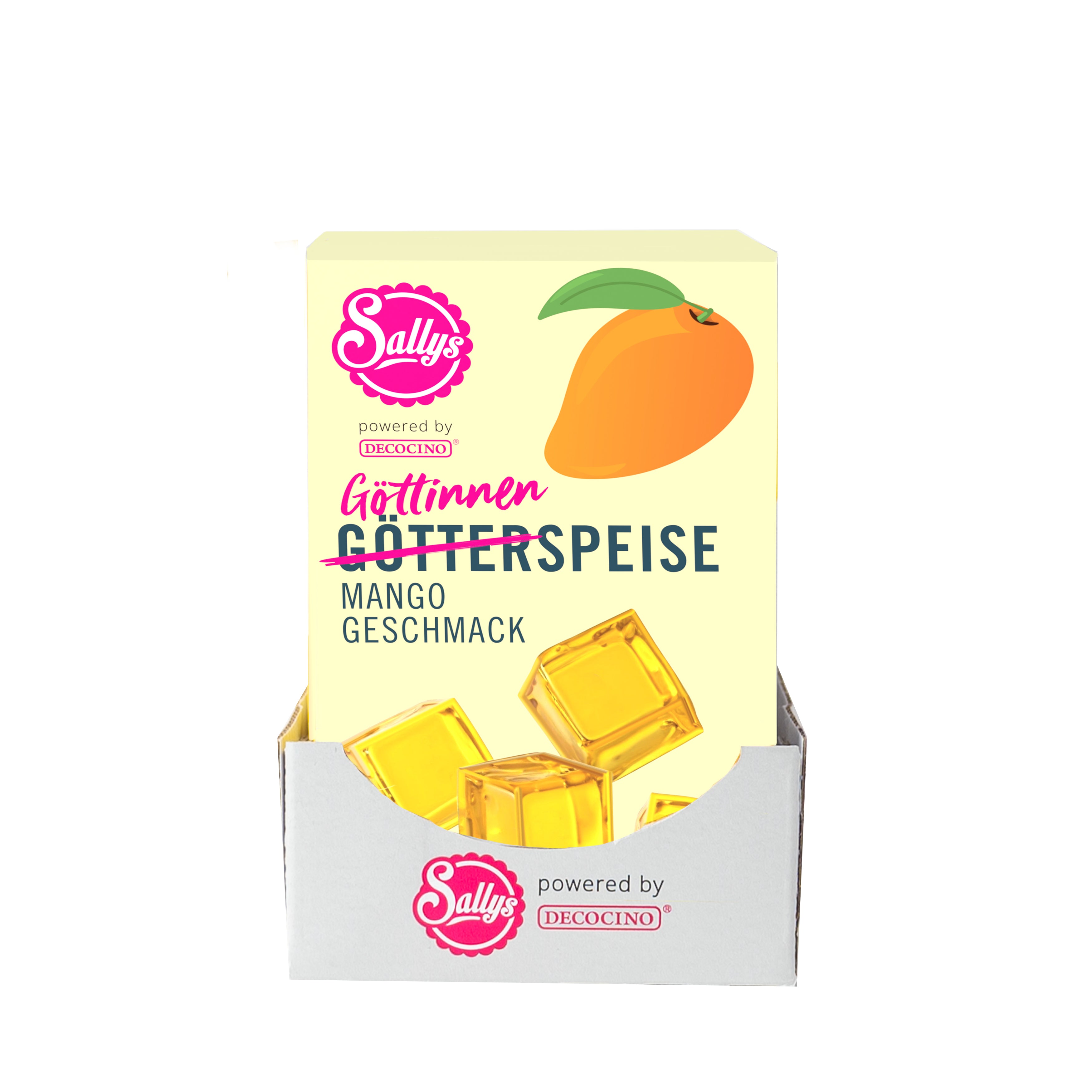 Sallys Götterspeise Mango-Geschmack im 12er Pack, gelbe Verpackungen in Reihe, powerd by Decocino, frontale Ansicht