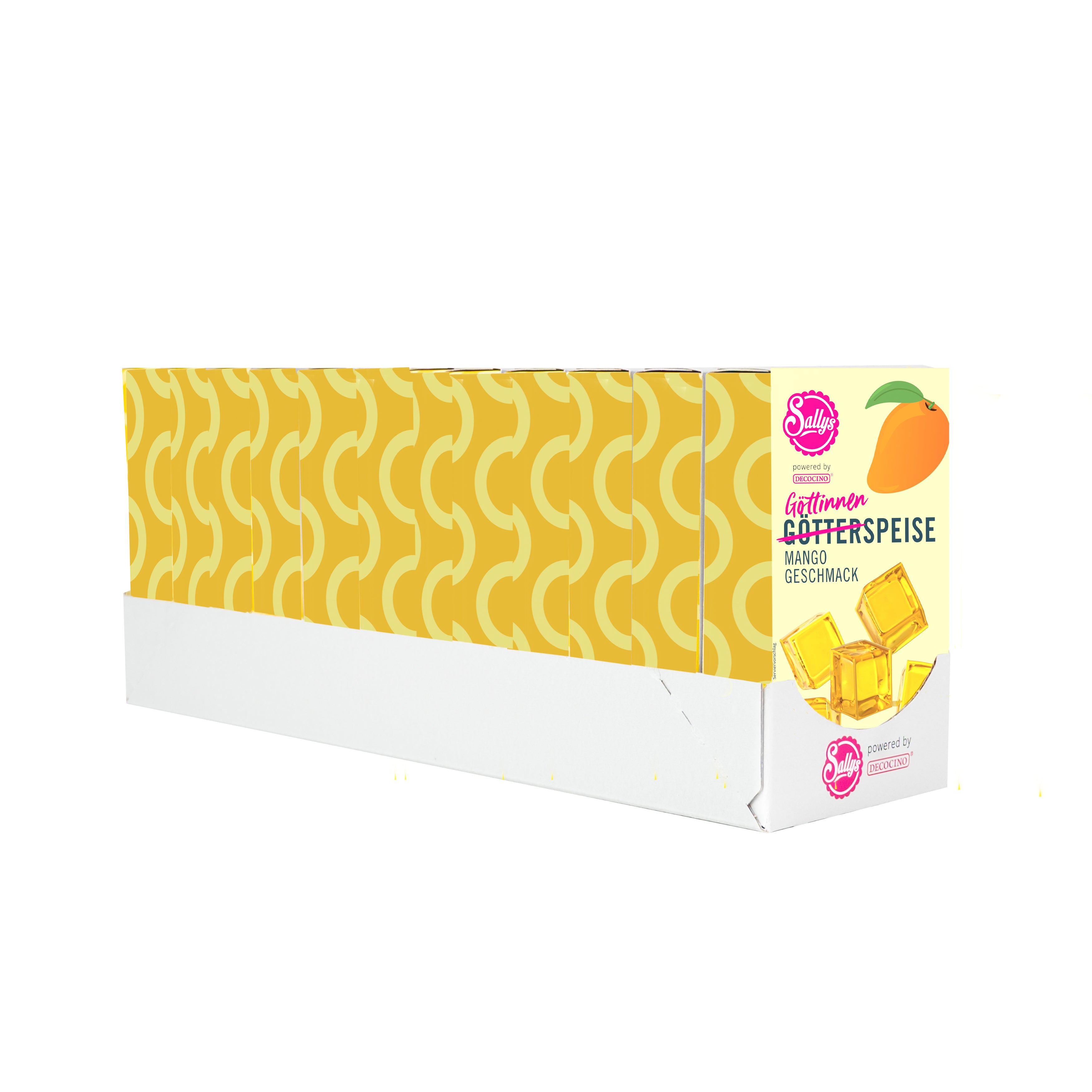 Sallys Götterspeise Mango-Geschmack im 12er Pack, gelbe Verpackungen in Reihe, powerd by Decocino.