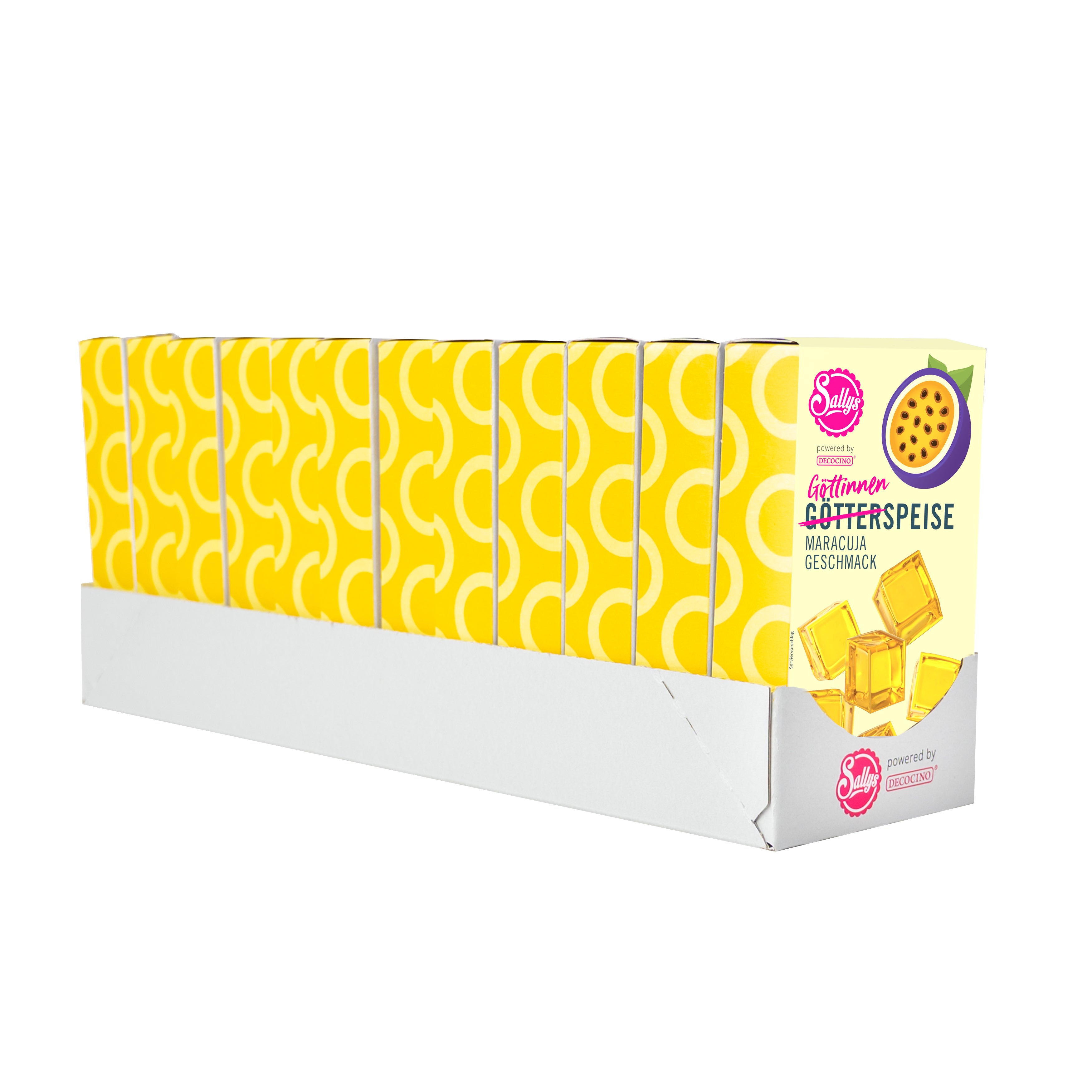 Sallys Götterspeise Maracuja-Geschmack im 12er-Tray, gelbe Verpackungen in Reihe, powerd by Decocino