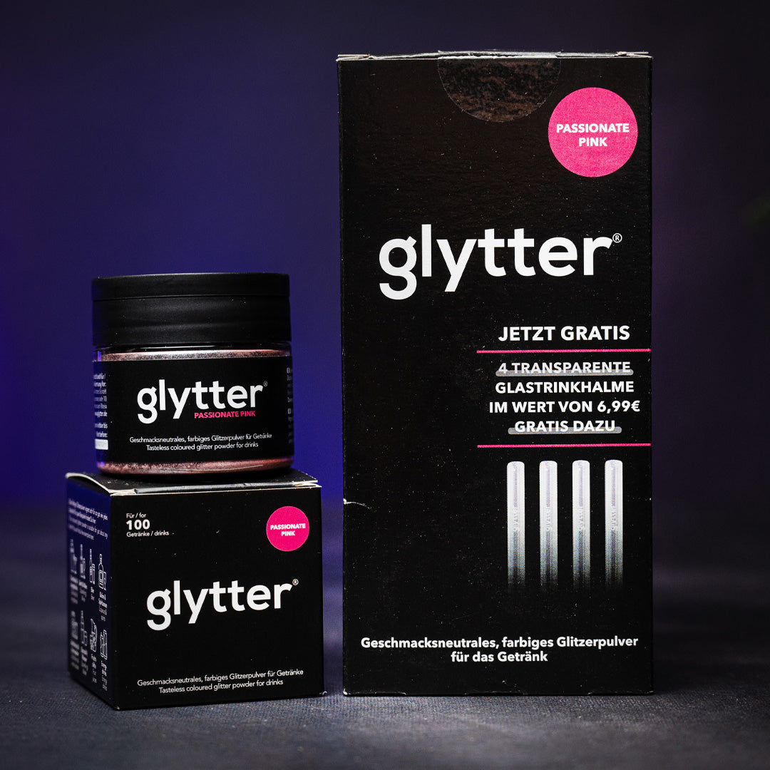 Glytter Passionate Pink – Set aus Glitzerpulver und Geschenkbox mit vier transparenten Glastrinkhalmen“