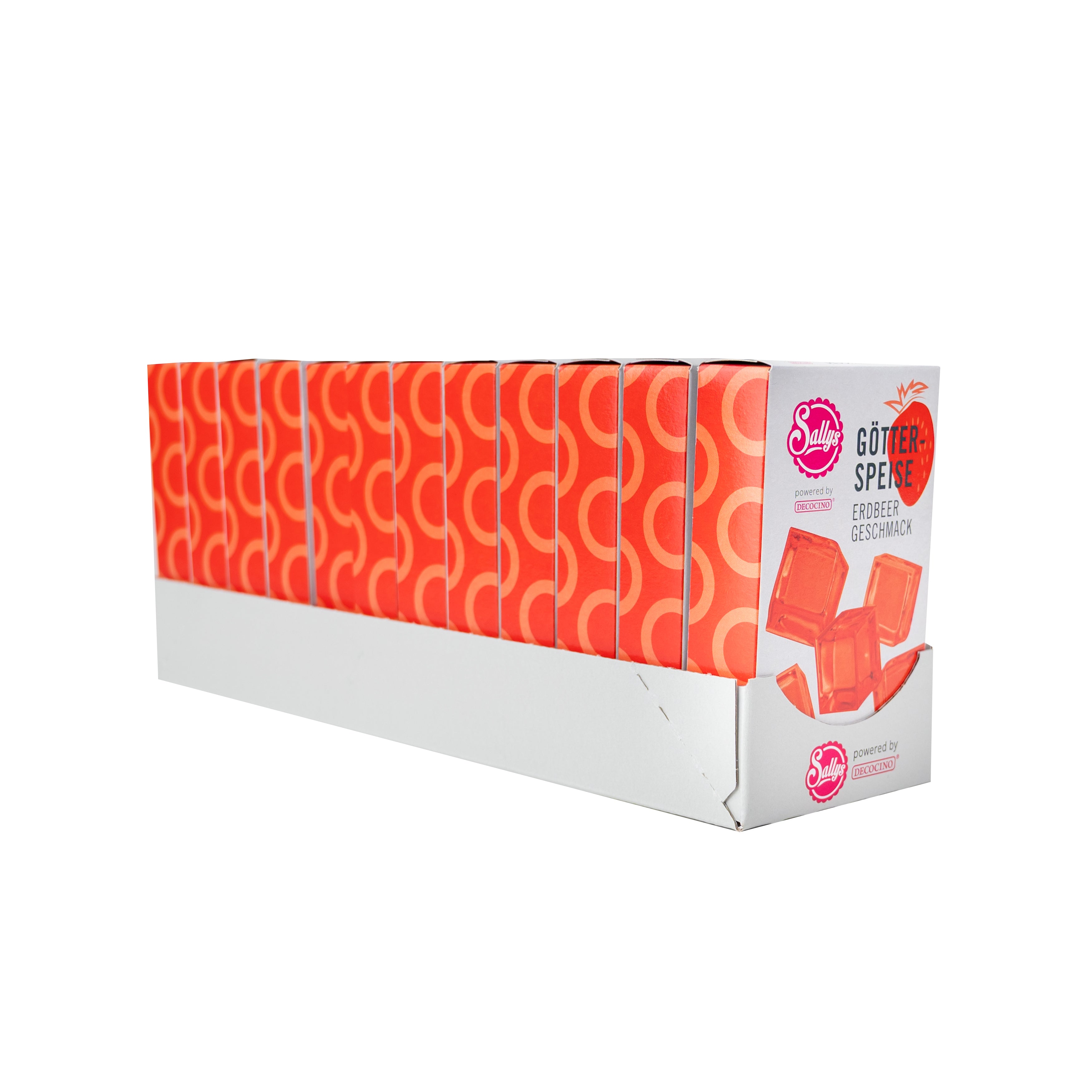 Sallys Götterspeise Erdbeer Geschmack im 12er Pack, rote Verpackungen in einer Reihe, powerd by Decocino.