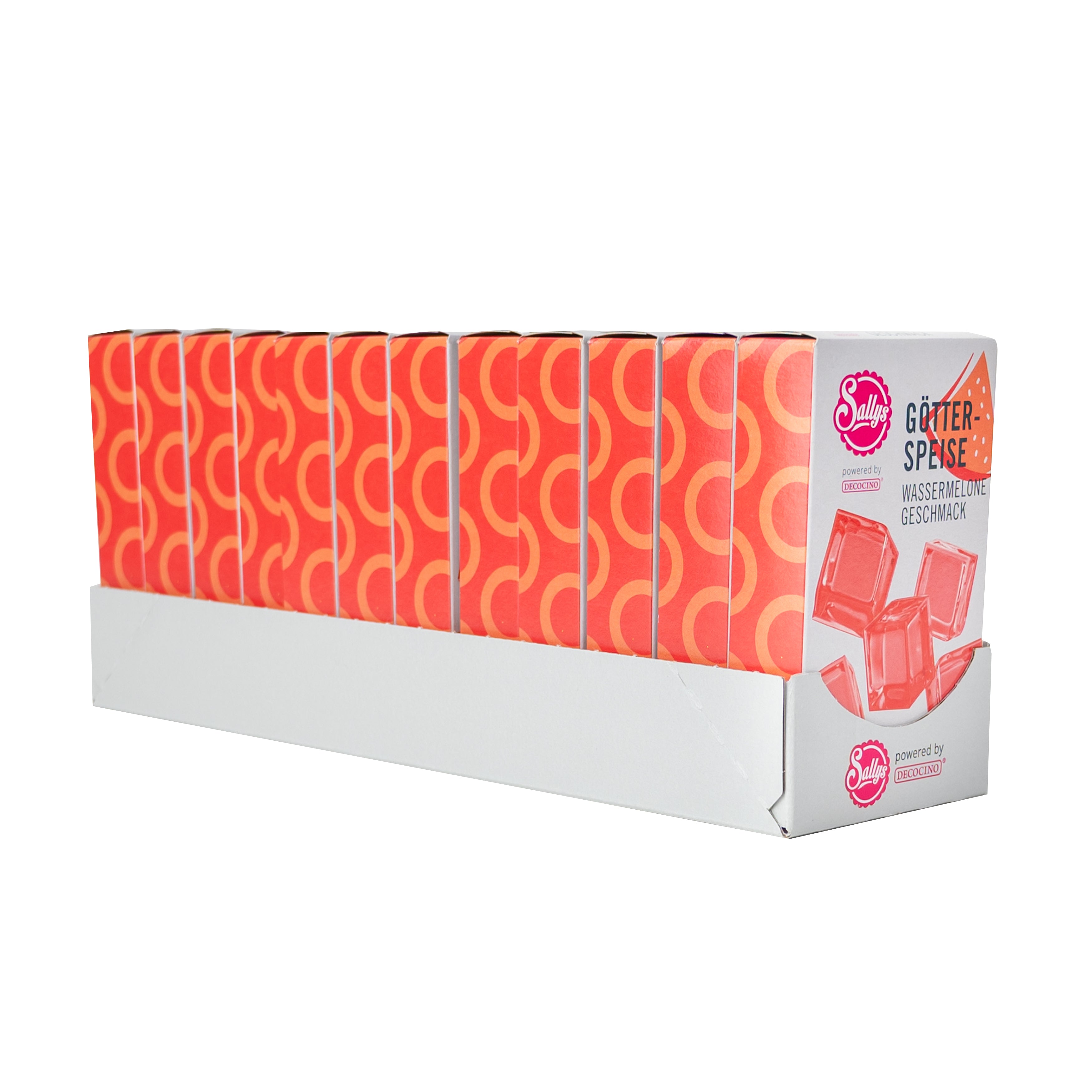 Sallys Götterspeise Wassermelone im weißen Präsentations-Tray, rote Verpackungen in Reihe, powerd by Decocino