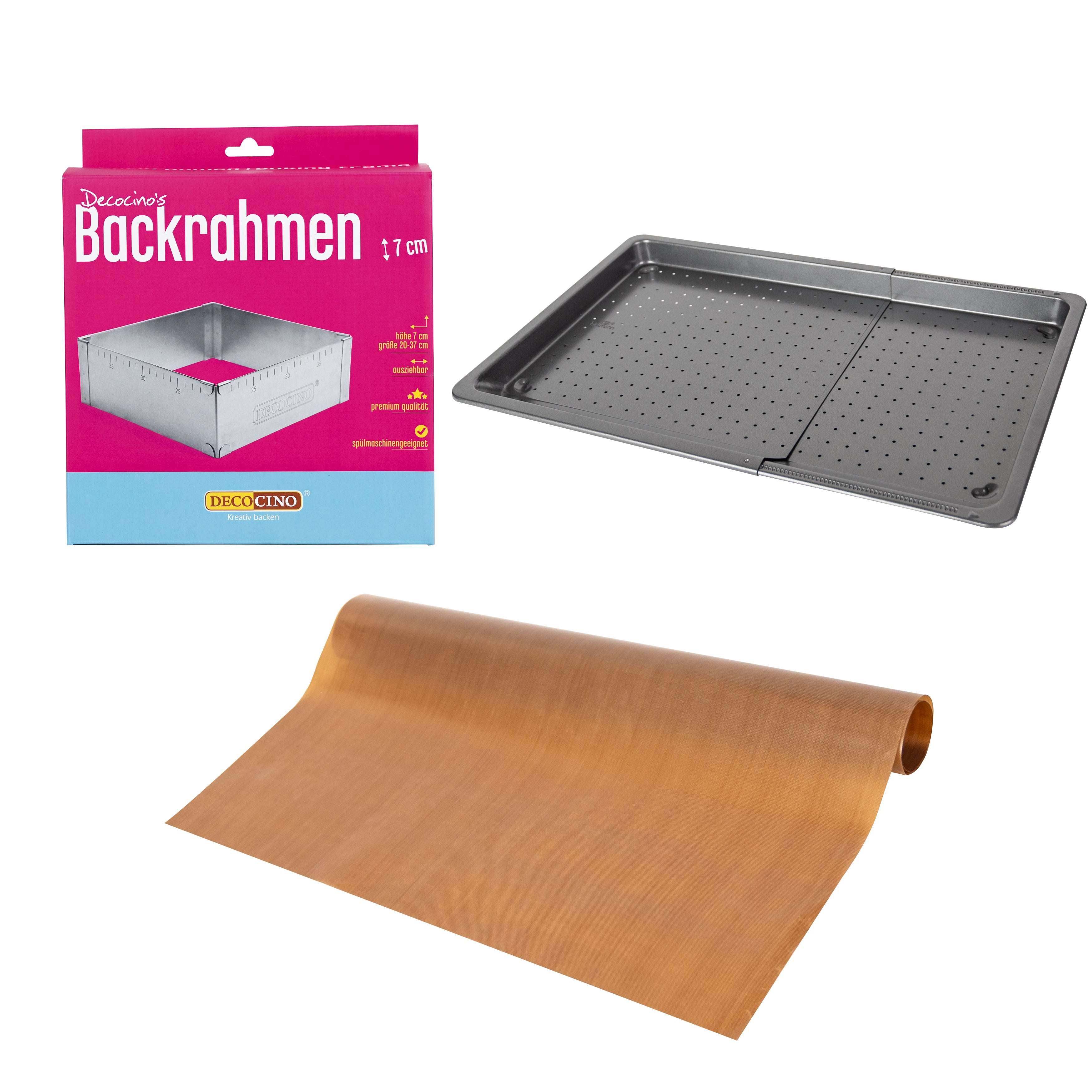SET: Verstellbares Backblech + Dauerbackfolie + Backrahmen