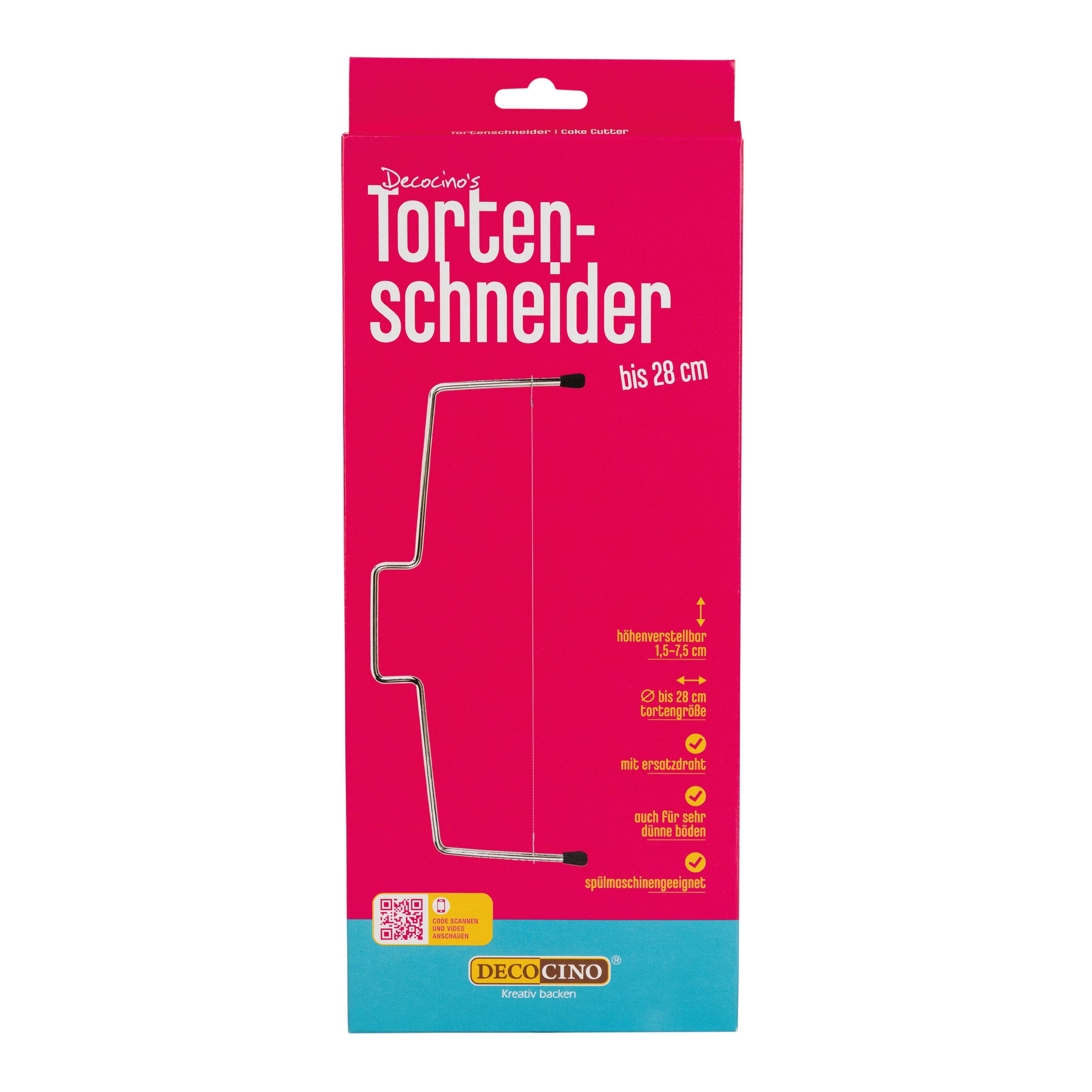 Tortenschneider von Decocino für Torten bis 28 cm, höhenverstellbar mit Draht zum gleichmäßigen Schneiden von Tortenböden, in pinker Verpackung