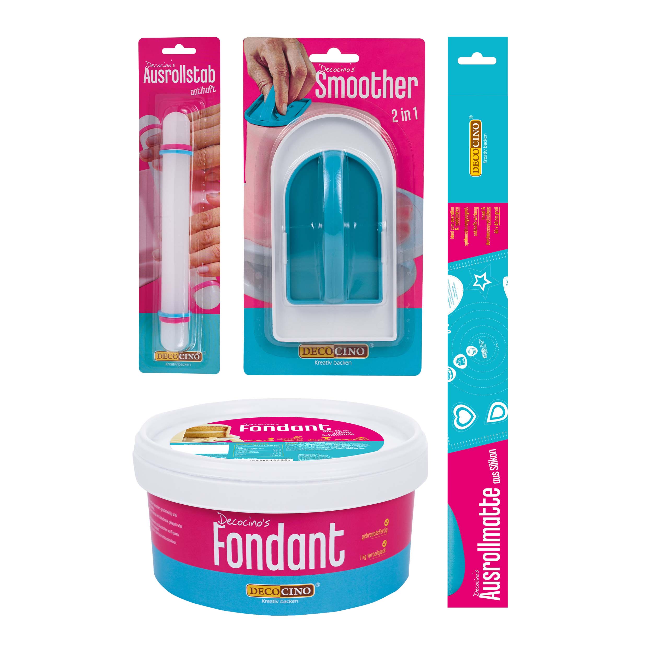 Decocino Fondant-Set mit Ausrollstab, Smoother, Ausrollmatte und Fondant – komplettes Backzubehör für Fondant-Torten