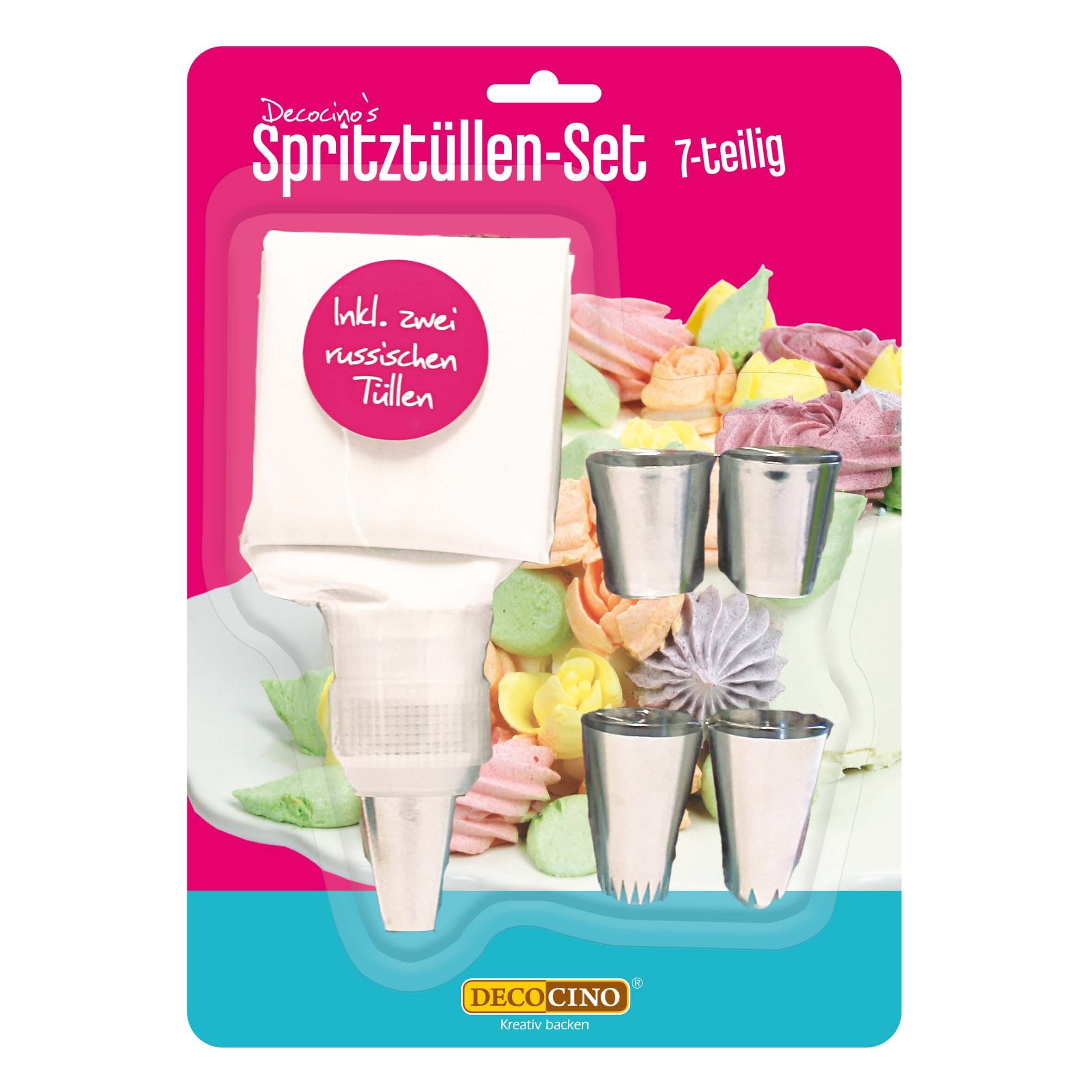 Spritztuellen Set 7teilig von Decocino mit einem wiederverwendbaren Spritzbeutel und verschiedenen Tüllen