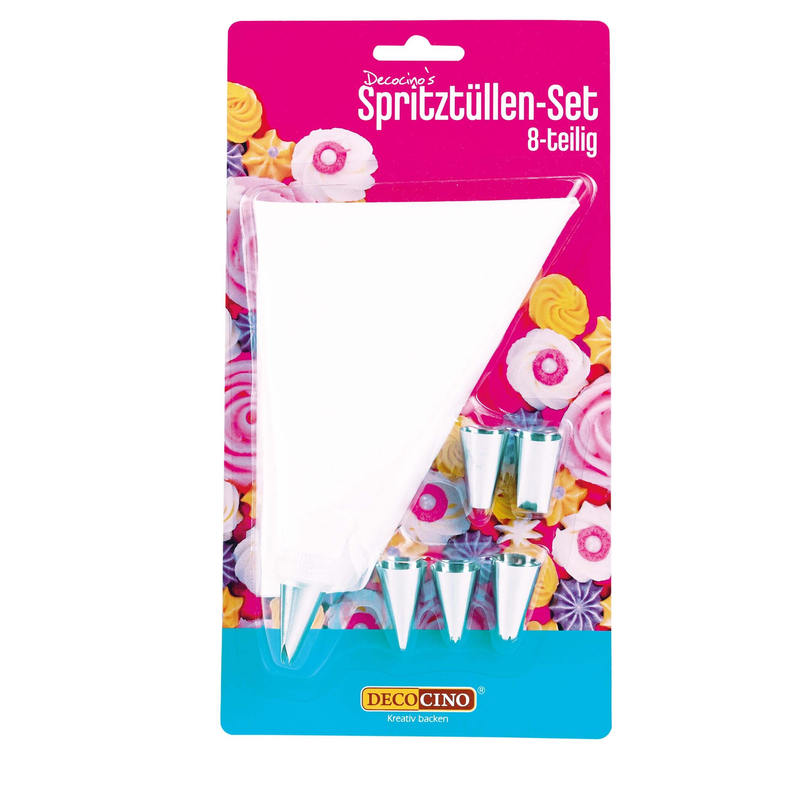 8 Teiliges Spritztüllen Set mit einem wiederverwendbaren Spritzbeutel und unterschiedlichen Tüllen. 